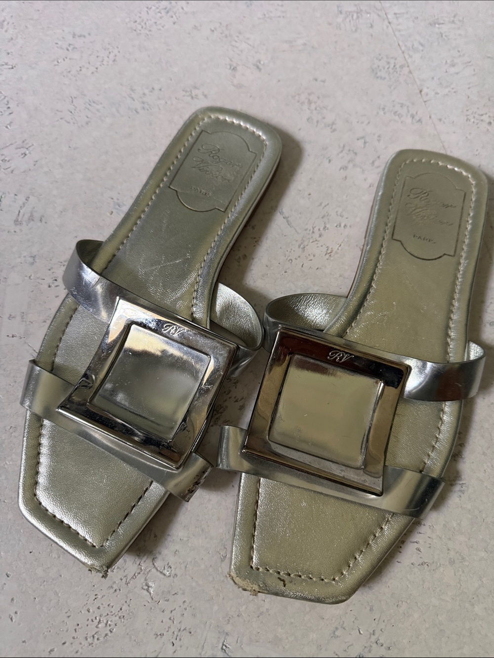 Roger Vivier Silver Square-Buckle Slide Sandals